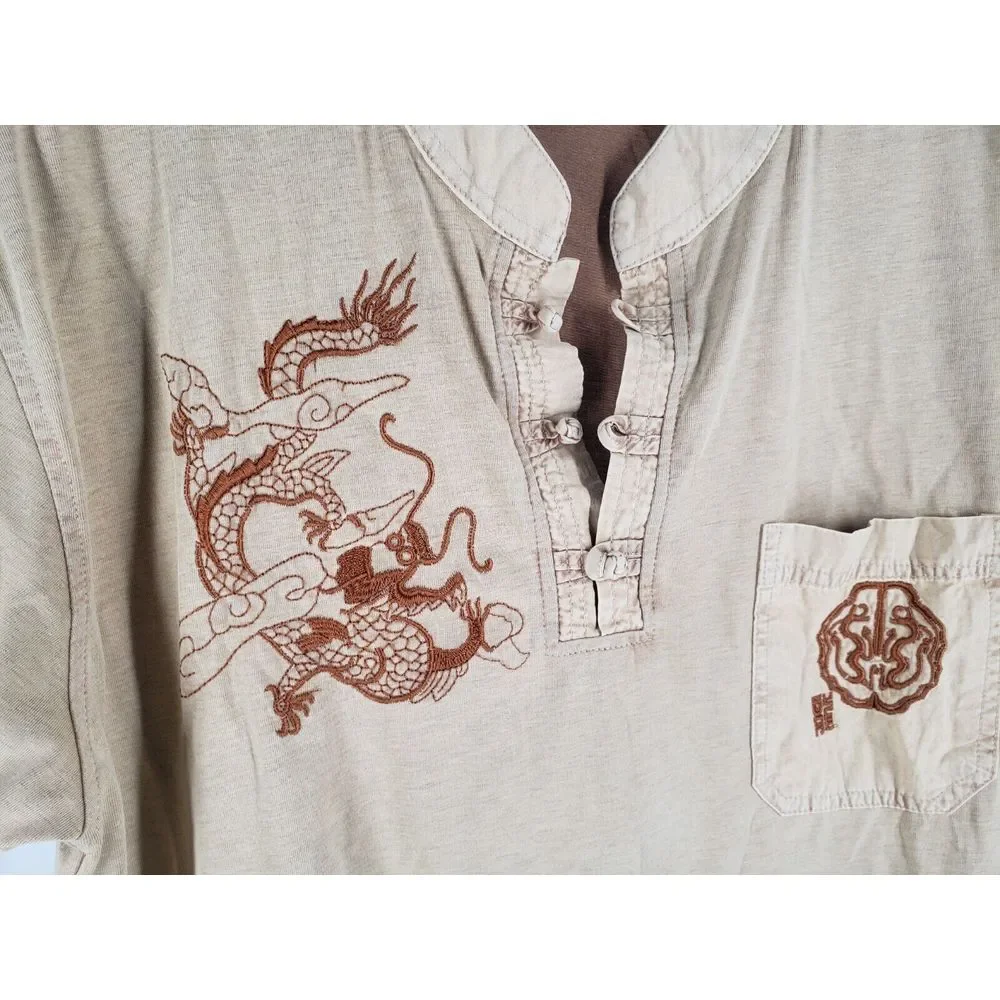 Embroidered Chinese Dragon 100% Cotton Shirt Size 52 Toggle w/ Band‎ Collar